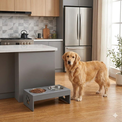 Pet Feeder Stainless Steel Food & Water Bowls with Stand | MDF Wood Elevated Dog Feeding Station with Double Bowl Design | Raised Feeding Stand for Medium & Large Dogs | 40 x 25 x 25 cm (Grey)