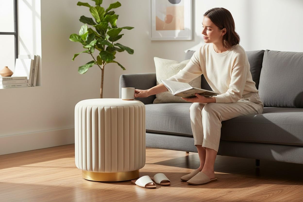 Designer Velvet Round Footstool Ottoman with Sturdy Gold Metal Band Base for Home Décor & Extra Seating, Lightweight Pouf Stool for Sofa Side & Bedroom, 16x16x17 Inch (Cream)