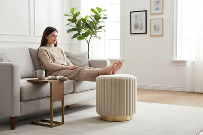 Designer Velvet Round Footstool Ottoman with Sturdy Gold Metal Band Base for Home Décor & Extra Seating, Lightweight Pouf Stool for Sofa Side & Bedroom, 16x16x17 Inch (Cream)