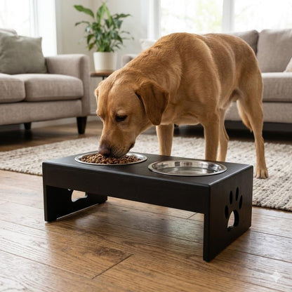 Pet Feeder Stainless Steel Food & Water Bowls with Stand | MDF Wood Elevated Dog Feeding Station with Double Bowl Design | Raised Feeding Stand for Medium & Large Dogs | 40 x 25 x 25 cm (Black)