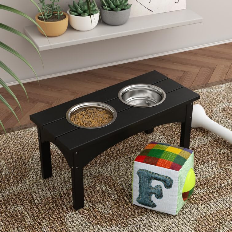Double Elevated Feeder Wooden Large Dog Food Dinner pet Stand Cat Feeder Stand with 2 Stainless Steel Small Bowls & Wooden Stand Made by Handmade (Black)