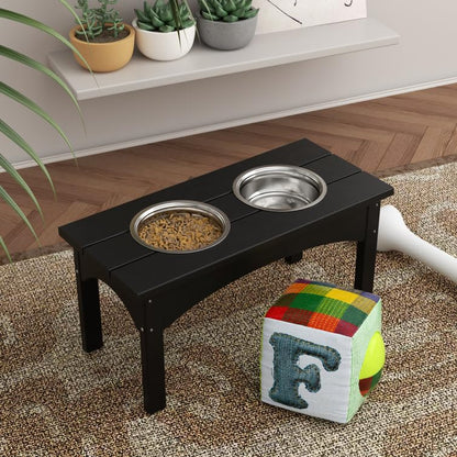 Double Elevated Feeder Wooden Large Dog Food Dinner pet Stand Cat Feeder Stand with 2 Stainless Steel Small Bowls & Wooden Stand Made by Handmade (Black)