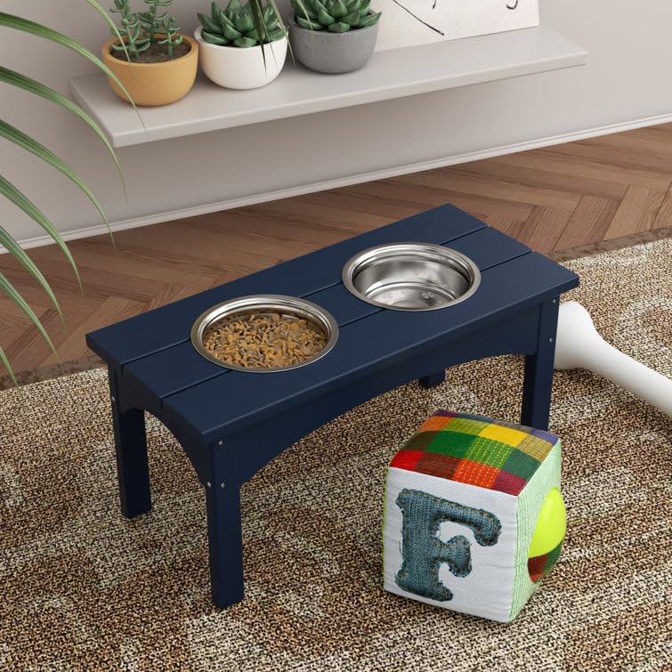 Double Elevated Feeder Wooden Large Dog Food Dinner pet Stand Cat Feeder Stand with 2 Stainless Steel Small Bowls & Wooden Stand Made by Handmade (Navy Blue)