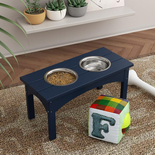Double Elevated Feeder Wooden Large Dog Food Dinner pet Stand Cat Feeder Stand with 2 Stainless Steel Small Bowls & Wooden Stand Made by Handmade (Navy Blue)
