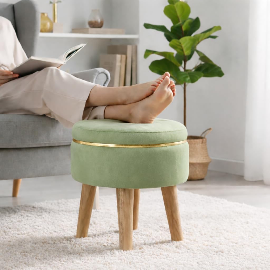 Ottoman Stool for Living Room Foot Rest | Velvet Small Ottoman Foot Stool | Solid Wood Legs | Footstool Puffy for Home, Bedroom & Makeup Table | 30 x 30 cm (12 x 12 Inch) | Light Green