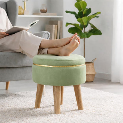 Ottoman Stool for Living Room Foot Rest | Velvet Small Ottoman Foot Stool | Solid Wood Legs | Footstool Puffy for Home, Bedroom & Makeup Table | 30 x 30 cm (12 x 12 Inch) | Light Green