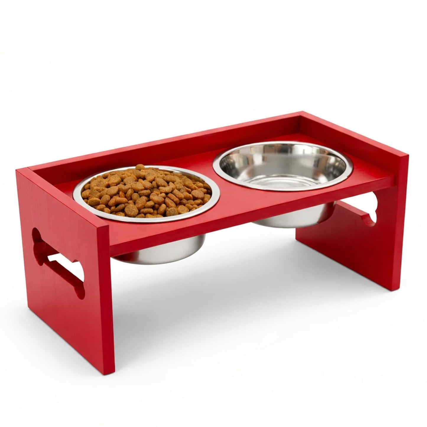 Elevated Wooden Dog Feeder with Stainless Steel Bowls | Raised Pet Food Stand for Dogs & Cats Feeding Station with Bone Cutout Design | Double Bowl Pet Feeding Table (Red)