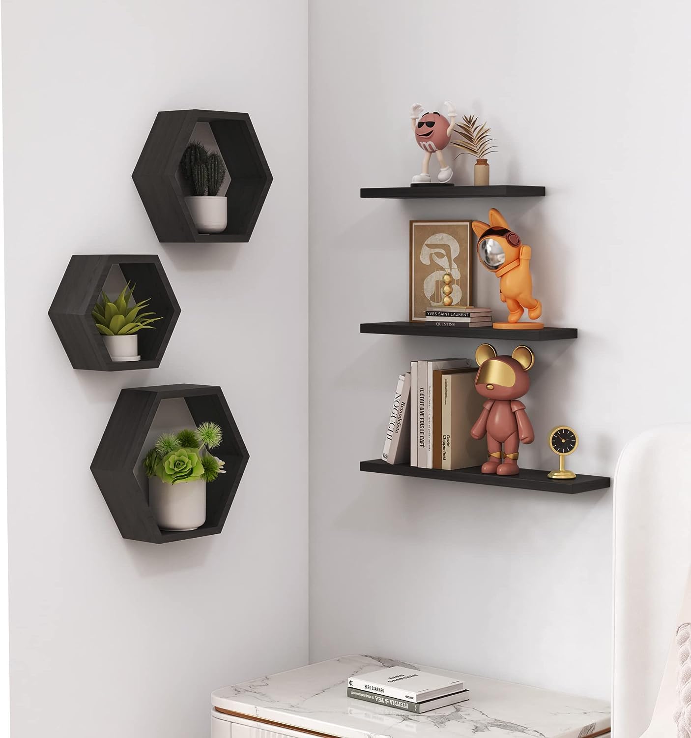 Wooden Hexagon Floating Shelves Wall Mounted Honey Comb Shelf Set of 6 Wall Decor White Wall Shelve for Bedroom Living Room Bathroom Kitchen Office (Black)