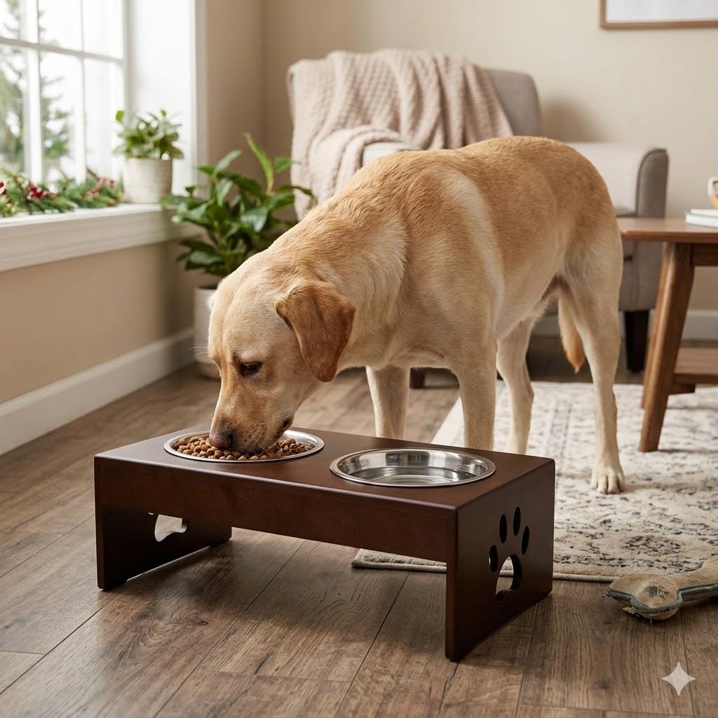 Pet Feeder Stainless Steel Food & Water Bowls with Stand | MDF Wood Elevated Dog Feeding Station with Double Bowl Design | Raised Feeding Stand for Medium & Large Dogs | 40 x 25 x 25 cm (Brown)