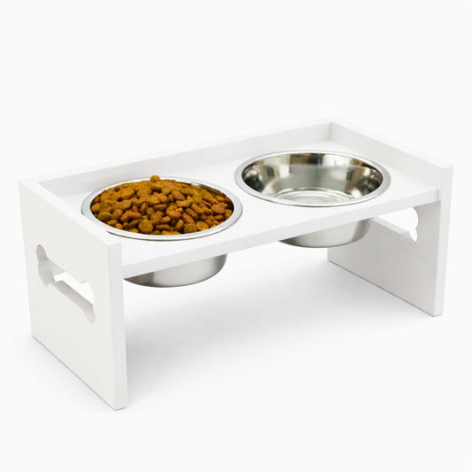 Elevated Wooden Dog Feeder with Stainless Steel Bowls | Raised Pet Food Stand for Dogs & Cats Feeding Station with Bone Cutout Design | Double Bowl Pet Feeding Table (White)