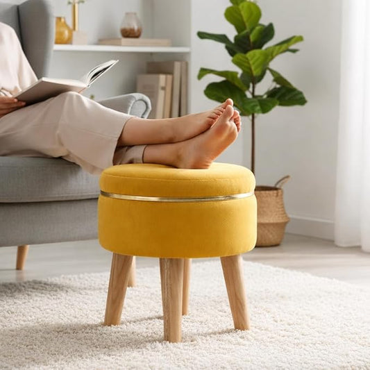 Ottoman Stool for Living Room Foot Rest | Velvet Small Ottoman Foot Stool | Solid Wood Legs | Footstool Puffy for Home, Bedroom & Makeup Table | 30 x 30 cm (12 x 12 Inch) | Yellow