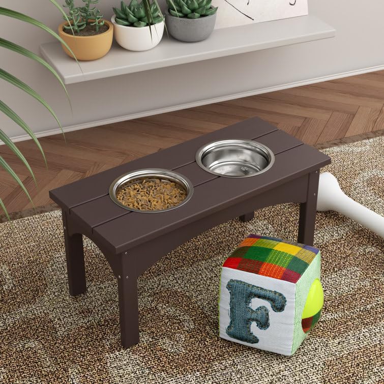 Double Elevated Feeder Wooden Large Dog Food Dinner pet Stand Cat Feeder Stand with 2 Stainless Steel Small Bowls & Wooden Stand Made by Handmade (Brown)