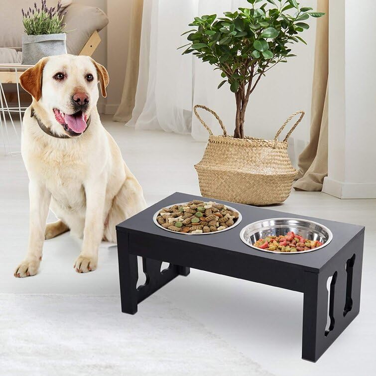 Wooden Large Dog pet Stand Modern & Elegant Wood Elevated Dog Bowls/Cat Bowls. Our Durable & Beautiful Raised Pet Feeder Bowl Stand Perfect for Smaller Pets (Black)