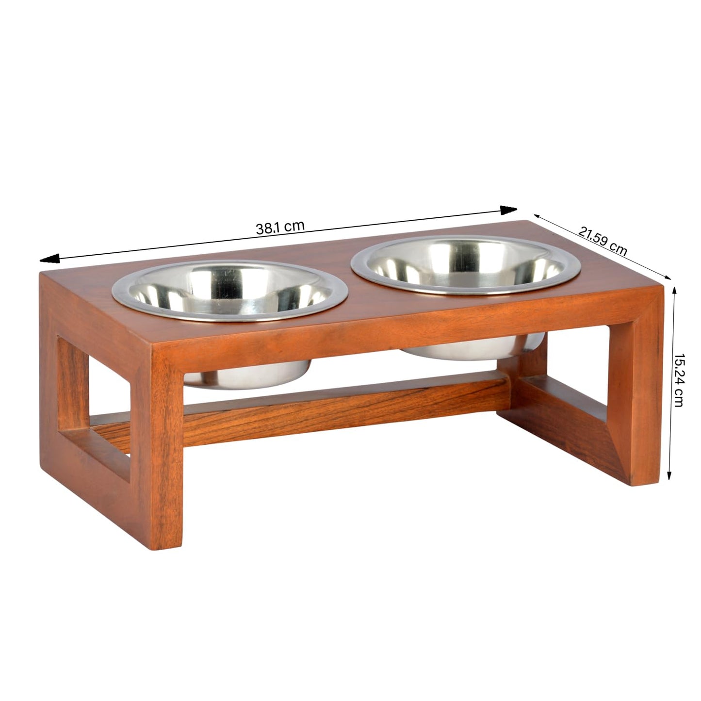 Luna Pet Feeder, Natural Acacia Wood Feeders Stand, Elevated Dog Bowls 750 ml, Food Water Diner, Durable Double Bowl Feeding Stands for Dogs - Medium (38 x 21 x 15 cm)
