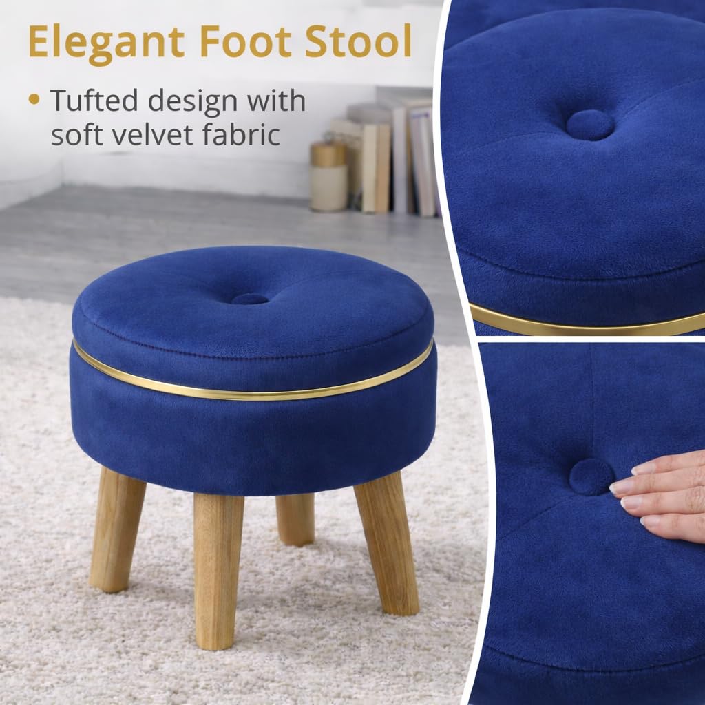 Ottoman Stool for Living Room Foot Rest | Velvet Small Ottoman Foot Stool | Solid Wood Legs | Footstool Puffy for Home, Bedroom & Makeup Table | 30 x 30 cm (12 x 12 Inch) | Royal Blue