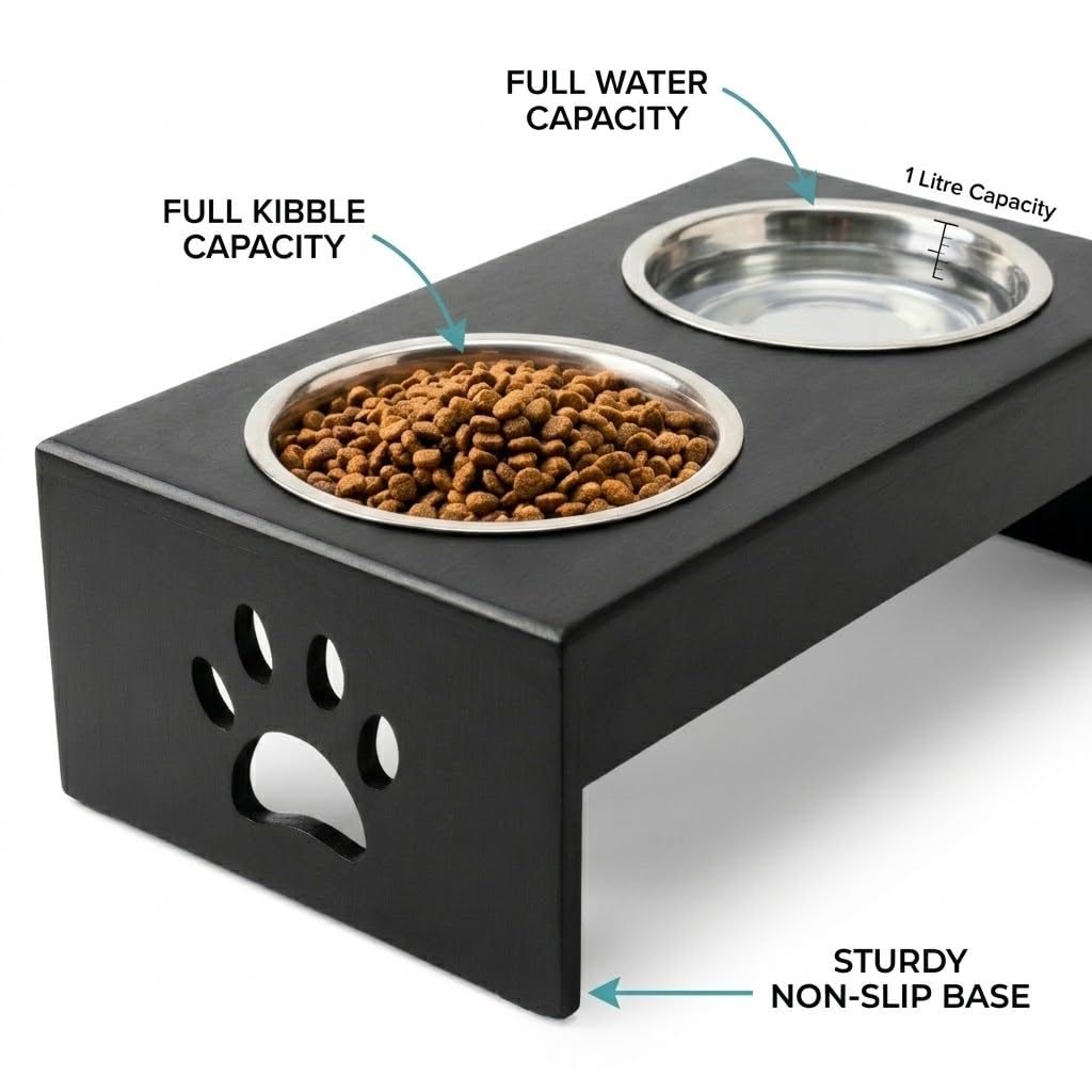 Pet Feeder Stainless Steel Food & Water Bowls with Stand | MDF Wood Elevated Dog Feeding Station with Double Bowl Design | Raised Feeding Stand for Medium & Large Dogs | 40 x 25 x 25 cm (Black)