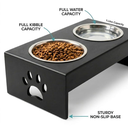 Pet Feeder Stainless Steel Food & Water Bowls with Stand | MDF Wood Elevated Dog Feeding Station with Double Bowl Design | Raised Feeding Stand for Medium & Large Dogs | 40 x 25 x 25 cm (Black)