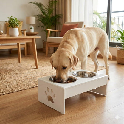 Pet Feeder Stainless Steel Food & Water Bowls with Stand | MDF Wood Elevated Dog Feeding Station with Double Bowl Design | Raised Feeding Stand for Medium & Large Dogs | White Finish | 40 x 25 x 25 cm