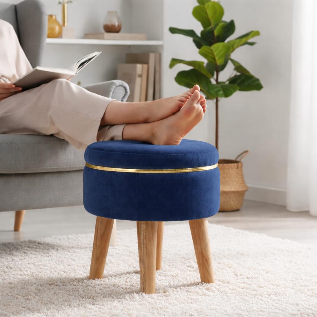 Ottoman Stool for Living Room Foot Rest | Velvet Small Ottoman Foot Stool | Solid Wood Legs | Footstool Puffy for Home, Bedroom & Makeup Table | 30 x 30 cm (12 x 12 Inch) | Royal Blue