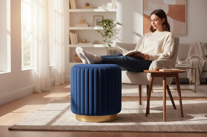 Designer Velvet Round Footstool Ottoman with Sturdy Gold Metal Band Base for Home Décor & Extra Seating, Lightweight Pouf Stool for Sofa Side & Bedroom, 16x16x17 Inch (Royal Blue)
