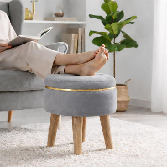 Ottoman Stool for Living Room Foot Rest | Velvet Small Ottoman Foot Stool | Solid Wood Legs | Footstool Puffy for Home, Bedroom & Makeup Table | 30 x 30 cm (12 x 12 Inch) | Grey