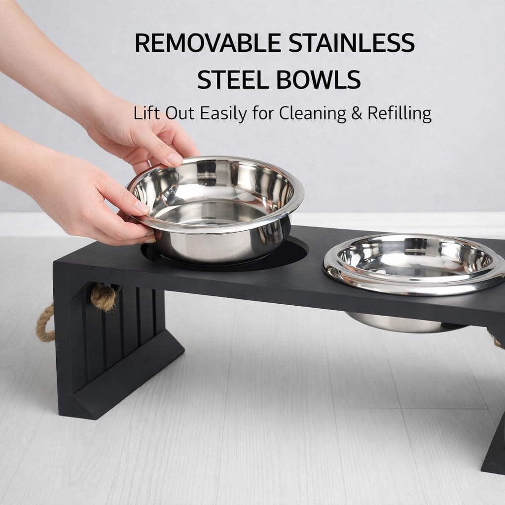 Pet Diner Stainless Steel Pet Bowl Combo with Elevated Wooden Base | Double Feeding Bowl Combo for Providing Food and Water to Beloved Dog, Puppies & Cats (Elevated Wooden Diner of 950ml)