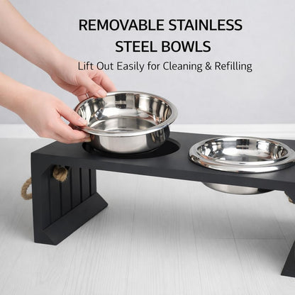 Pet Diner Stainless Steel Pet Bowl Combo with Elevated Wooden Base | Double Feeding Bowl Combo for Providing Food and Water to Beloved Dog, Puppies & Cats (Elevated Wooden Diner of 950ml)