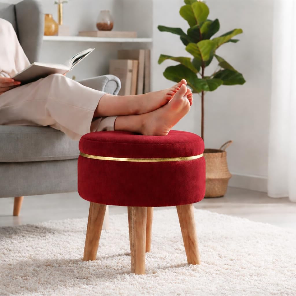 Ottoman Stool for Living Room Foot Rest | Velvet Small Ottoman Foot Stool | Solid Wood Legs | Footstool Puffy for Home, Bedroom & Makeup Table | 30 x 30 cm (12 x 12 Inch) | Maroon
