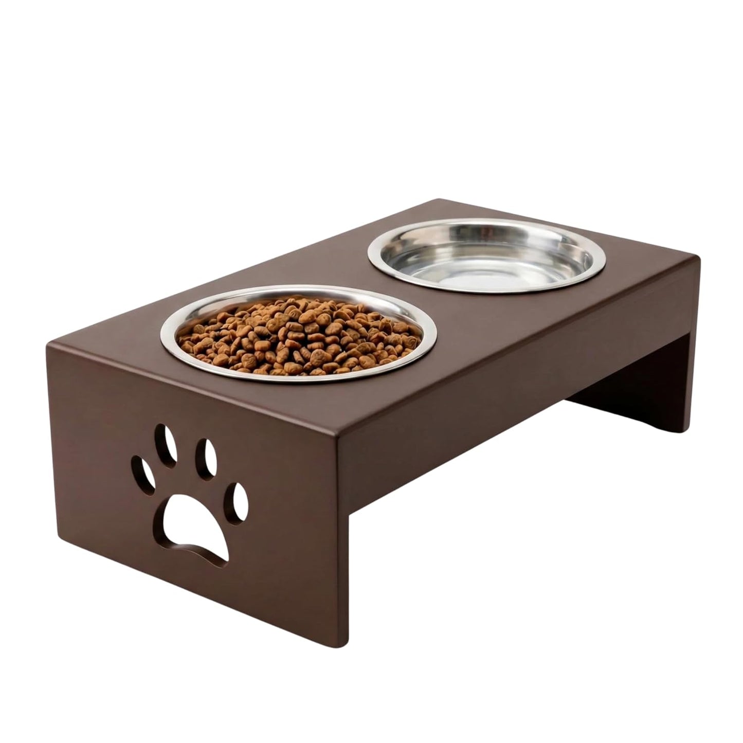 Pet Feeder Stainless Steel Food & Water Bowls with Stand | MDF Wood Elevated Dog Feeding Station with Double Bowl Design | Raised Feeding Stand for Medium & Large Dogs | 40 x 25 x 25 cm (Brown)