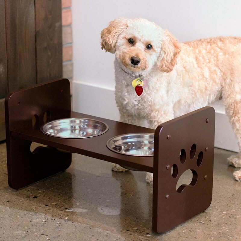 Elevated Wooden Dog Bowl Stand with 2 Stainless Steel Bowls | Adjustable Raised Dog Feeder for Small & Medium Dogs | Anti-Slip Paw Design Pet Feeding Station (Brown)