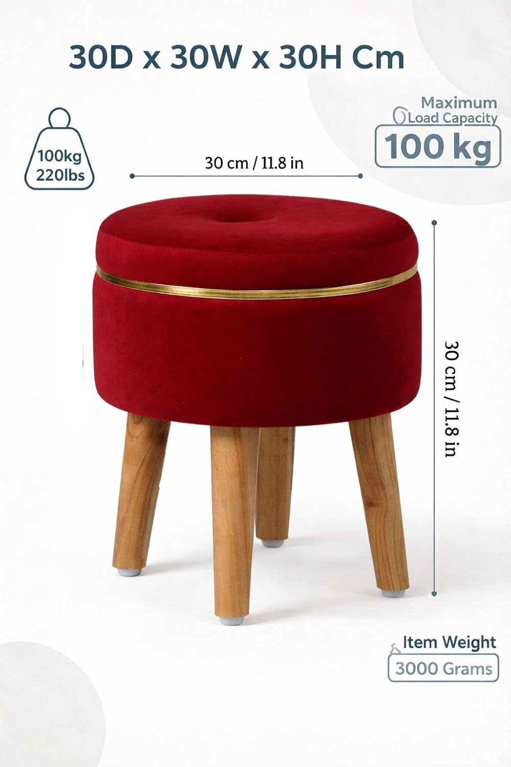 Ottoman Stool for Living Room Foot Rest | Velvet Small Ottoman Foot Stool | Solid Wood Legs | Footstool Puffy for Home, Bedroom & Makeup Table | 30 x 30 cm (12 x 12 Inch) | Maroon