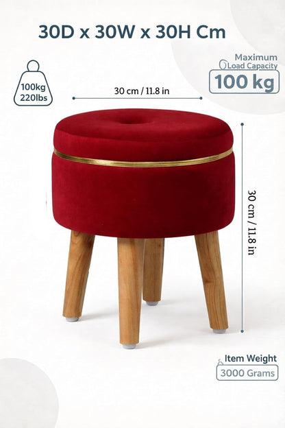 Ottoman Stool for Living Room Foot Rest | Velvet Small Ottoman Foot Stool | Solid Wood Legs | Footstool Puffy for Home, Bedroom & Makeup Table | 30 x 30 cm (12 x 12 Inch) | Maroon