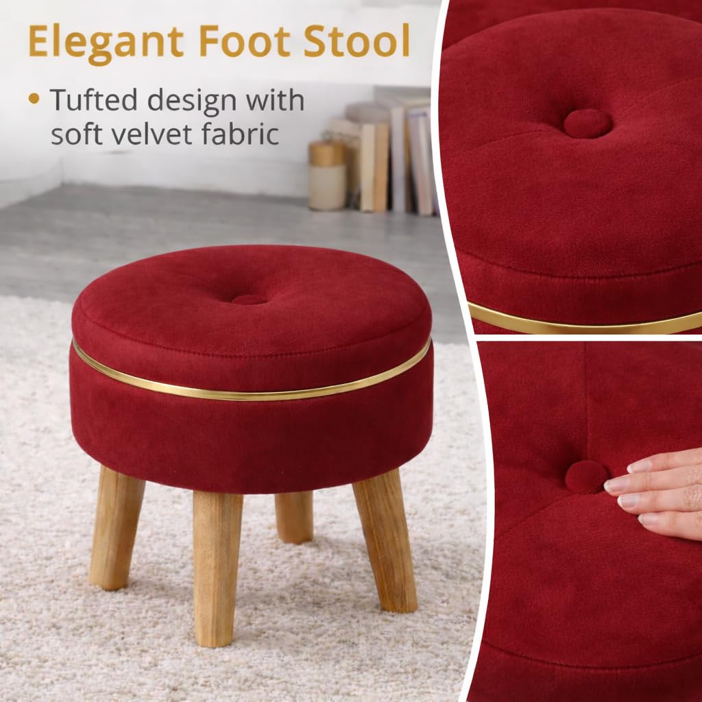 Ottoman Stool for Living Room Foot Rest | Velvet Small Ottoman Foot Stool | Solid Wood Legs | Footstool Puffy for Home, Bedroom & Makeup Table | 30 x 30 cm (12 x 12 Inch) | Maroon