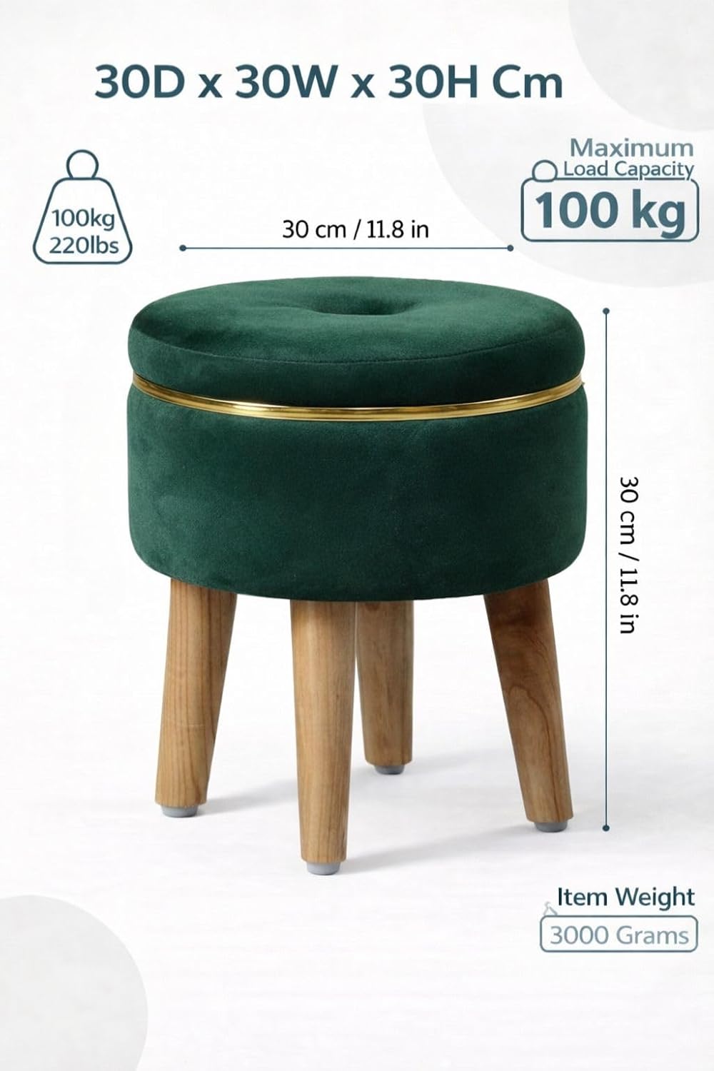 Ottoman Stool for Living Room Foot Rest | Velvet Small Ottoman Foot Stool | Solid Wood Legs | Footstool Puffy for Home, Bedroom & Makeup Table | 30 x 30 cm (12 x 12 Inch) | Green