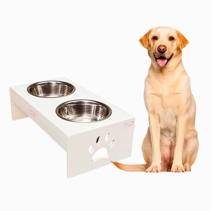 Pet Feeder Stainless Steel Food & Water Bowls with Stand | MDF Wood Elevated Dog Feeding Station with Double Bowl Design | Raised Feeding Stand for Medium & Large Dogs | White Finish | 40 x 25 x 25 cm