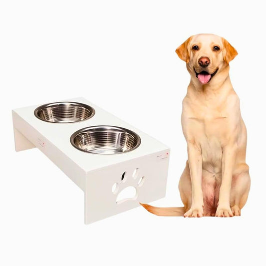 Pet Feeder Stainless Steel Food & Water Bowls with Stand | MDF Wood Elevated Dog Feeding Station with Double Bowl Design | Raised Feeding Stand for Medium & Large Dogs | White Finish | 40 x 25 x 25 cm