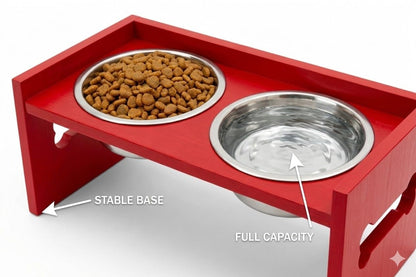 Elevated Wooden Dog Feeder with Stainless Steel Bowls | Raised Pet Food Stand for Dogs & Cats Feeding Station with Bone Cutout Design | Double Bowl Pet Feeding Table (Red)