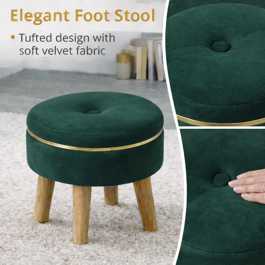 Ottoman Stool for Living Room Foot Rest | Velvet Small Ottoman Foot Stool | Solid Wood Legs | Footstool Puffy for Home, Bedroom & Makeup Table | 30 x 30 cm (12 x 12 Inch) | Green