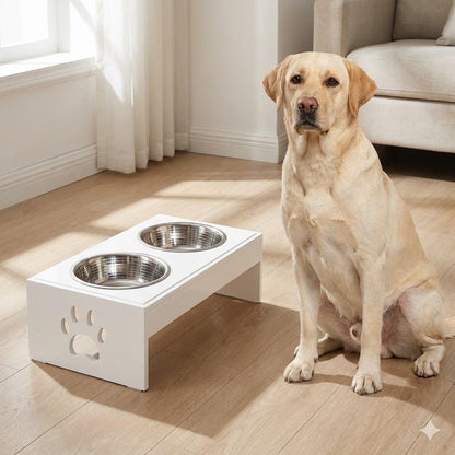 Pet Feeder Stainless Steel Food & Water Bowls with Stand | MDF Wood Elevated Dog Feeding Station with Double Bowl Design | Raised Feeding Stand for Medium & Large Dogs | White Finish | 40 x 25 x 25 cm