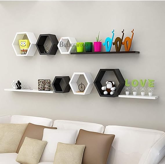 Wooden Hexagon Floating Wall Mounted Shelves Honeycomb Shelves Set of 6 Shelf for Wall Decor White Decorative Wall Shelves Living Room Bathroom Kitchen Office (Black & White)
