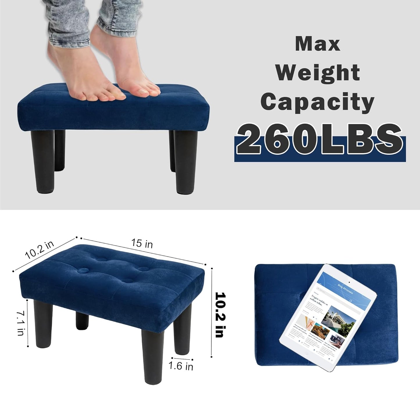 Ottoman Foot Rest, Velvet Small Ottoman Foot Stool with Legs Modern Footstool Ottomans for Living Room Entryway Office, (Velvet-Blue)