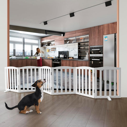 Freestanding Dog Gate | Foldable Wooden Pet Safety Gate for Dogs & Kids | Indoor Barrier with Support Feet for Stairs, Doorways, Hallways & Kitchens - 24" (White, 6 Panel)