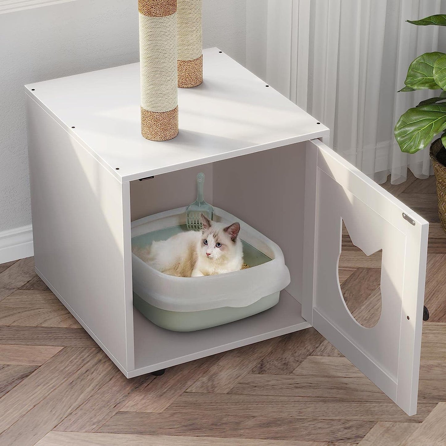 Cat House Tree Condo with Seat Litter Box Enclosure Furniture with Tree Tower and Condo, Indoor House with Sisal Scratching Post
