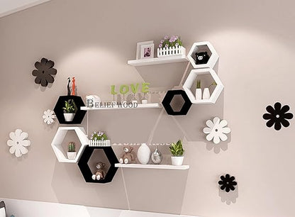Wooden Hexagon Floating Wall Mounted Shelves Honeycomb Shelves Set of 6 Shelf for Wall Decor White Decorative Wall Shelves Living Room Bathroom Kitchen Office (Black & White)