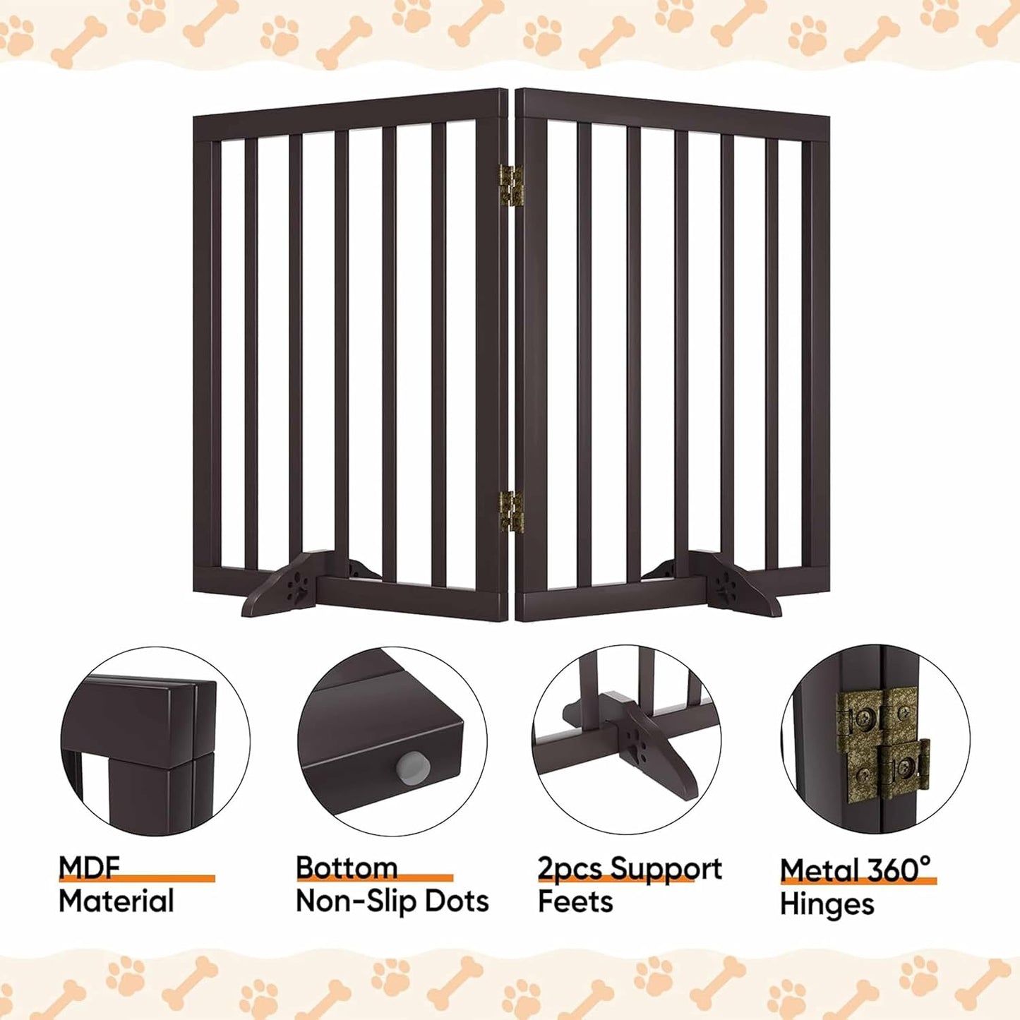Freestanding Dog Gate – Foldable Wooden Pet Safety Gate for Dogs & Kids | Indoor Barrier with Support Feet | 24″ (Brown, 2 Panel)