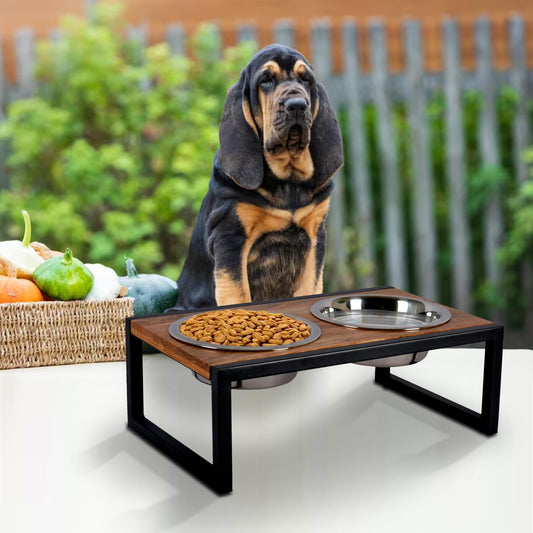Joy Pet Feeder, Natural Acacia Wood Feeders Stand, Elevated Dog Bowls 2500 ml, Food Water Diner, Durable Double Bowl Feeding Stands for Dogs - Large (55x33x27cm)