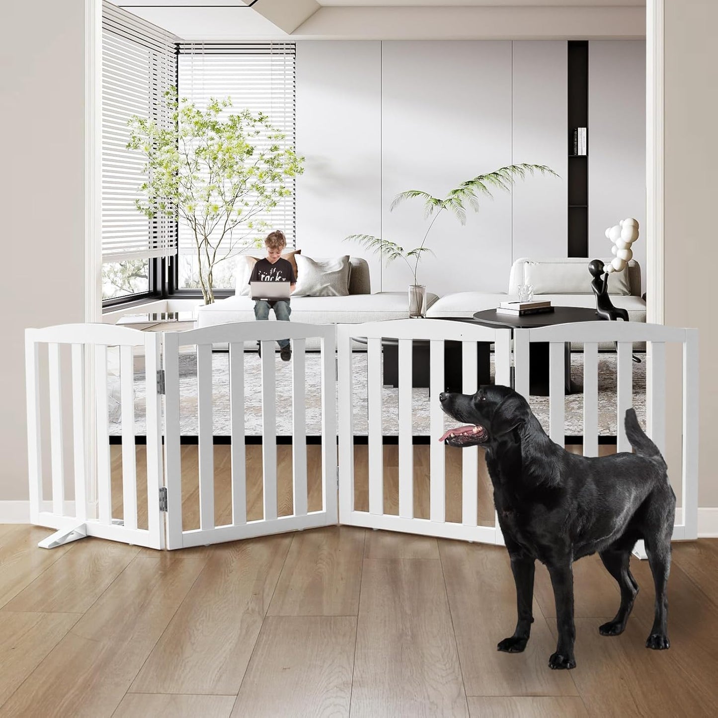 Freestanding Dog Gate | Foldable Wooden Pet Safety Gate for Dogs & Kids | Indoor Barrier with Support Feet for Stairs, Doorways, Hallways & Kitchens - 24" (White, 4 Panel)