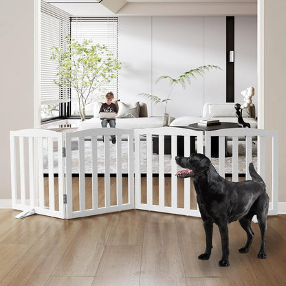 Freestanding Dog Gate | Foldable Wooden Pet Safety Gate for Dogs & Kids | Indoor Barrier with Support Feet for Stairs, Doorways, Hallways & Kitchens - 24" (White, 4 Panel)