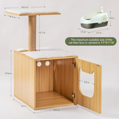 Wooden Cat Condo Cat Litter Box Enclosure, Wooden Cat House with Cat Bed Hidden Cat Washroom Furniture Cat Tree with Scratching Post