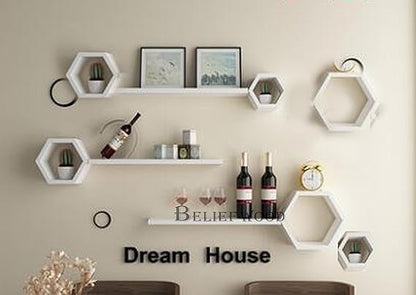Wooden Hexagon Wall Shelf Set of 9 Floating Wall Mounted Racks Mounted Honey Comb Shelves for Wall Decor Honeycomb Wall Shelves Living Room Bathroom Kitchen Office (White)